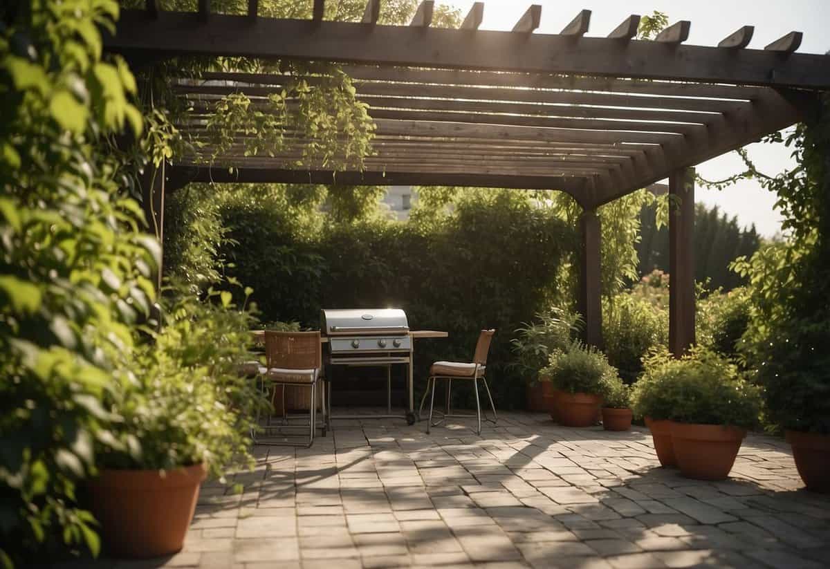 A pergola stands draped in lush climbing plants, shading a cozy garden BBQ area