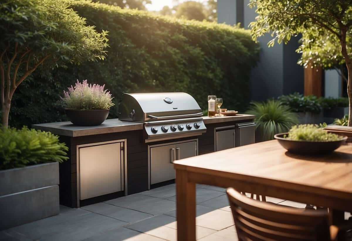 A sleek, modern built-in grill station nestled within a lush garden setting, surrounded by vibrant greenery and outdoor seating