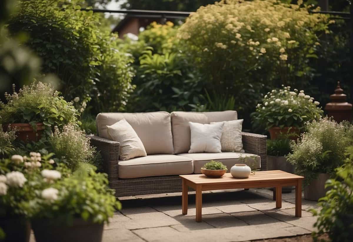 A cozy outdoor sofa sits in a lush garden, surrounded by a barbecue area. Lush greenery and flowers create a peaceful and inviting atmosphere