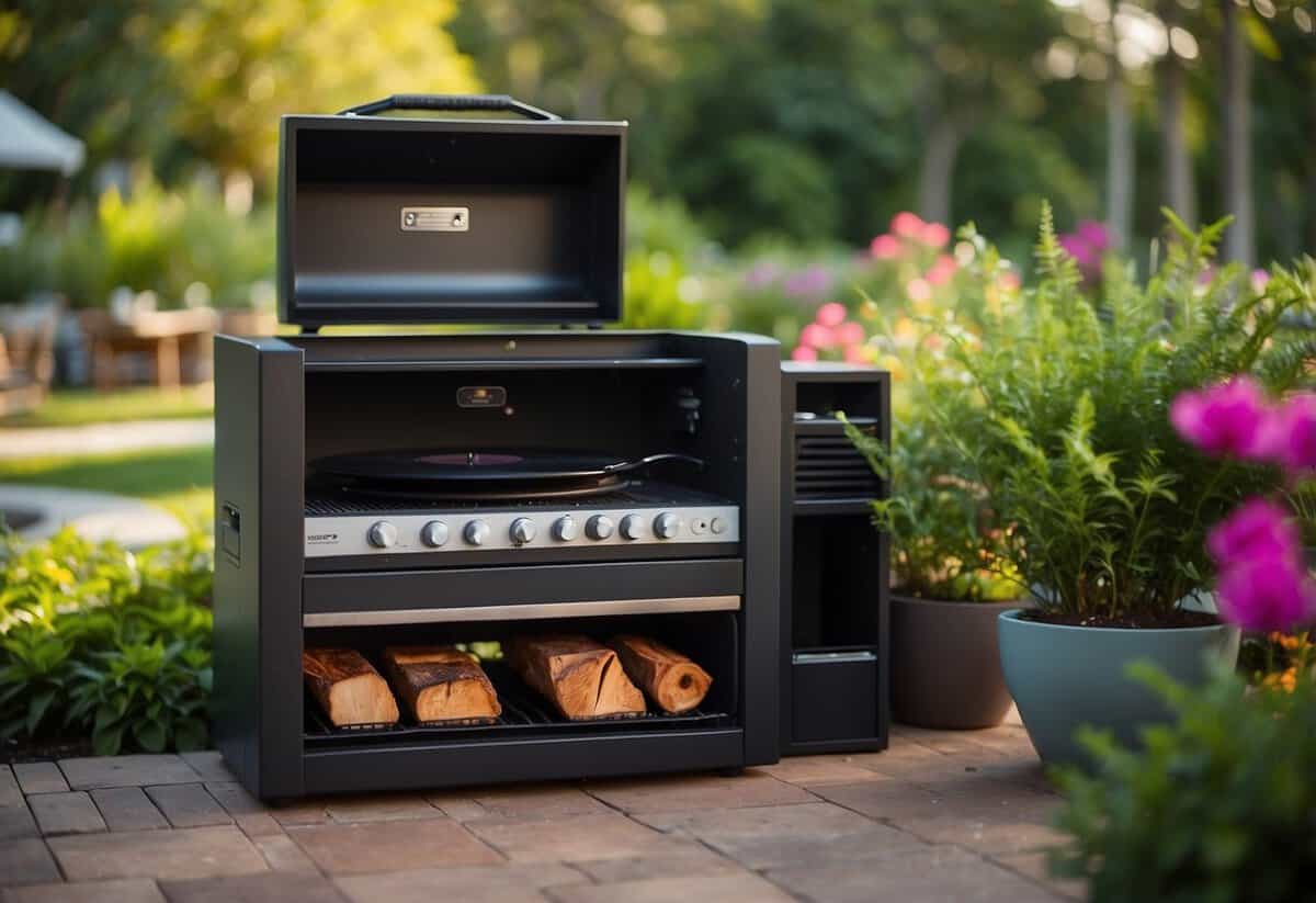 A weatherproof sound system is installed in a lush garden BBQ area, surrounded by greenery and colorful flowers, with comfortable seating and a cozy fire pit