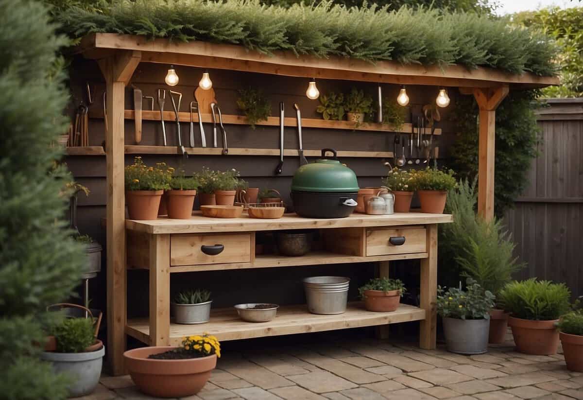 A rustic garden potting station with tools, pots, and a workbench. Adjacent is a cozy BBQ area with a grill, seating, and string lights