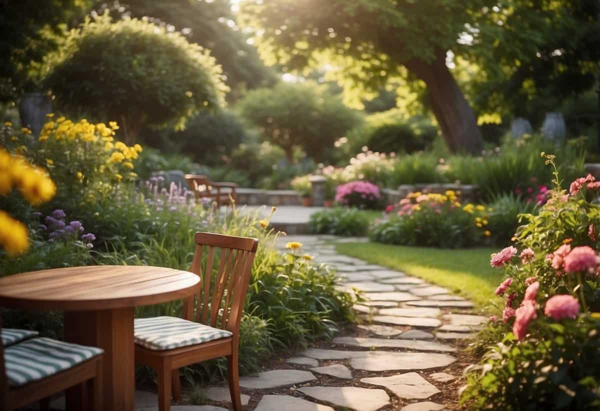 A stone pathway winds through a lush garden, leading to a cozy BBQ area with a wooden table and chairs surrounded by colorful flowers and greenery