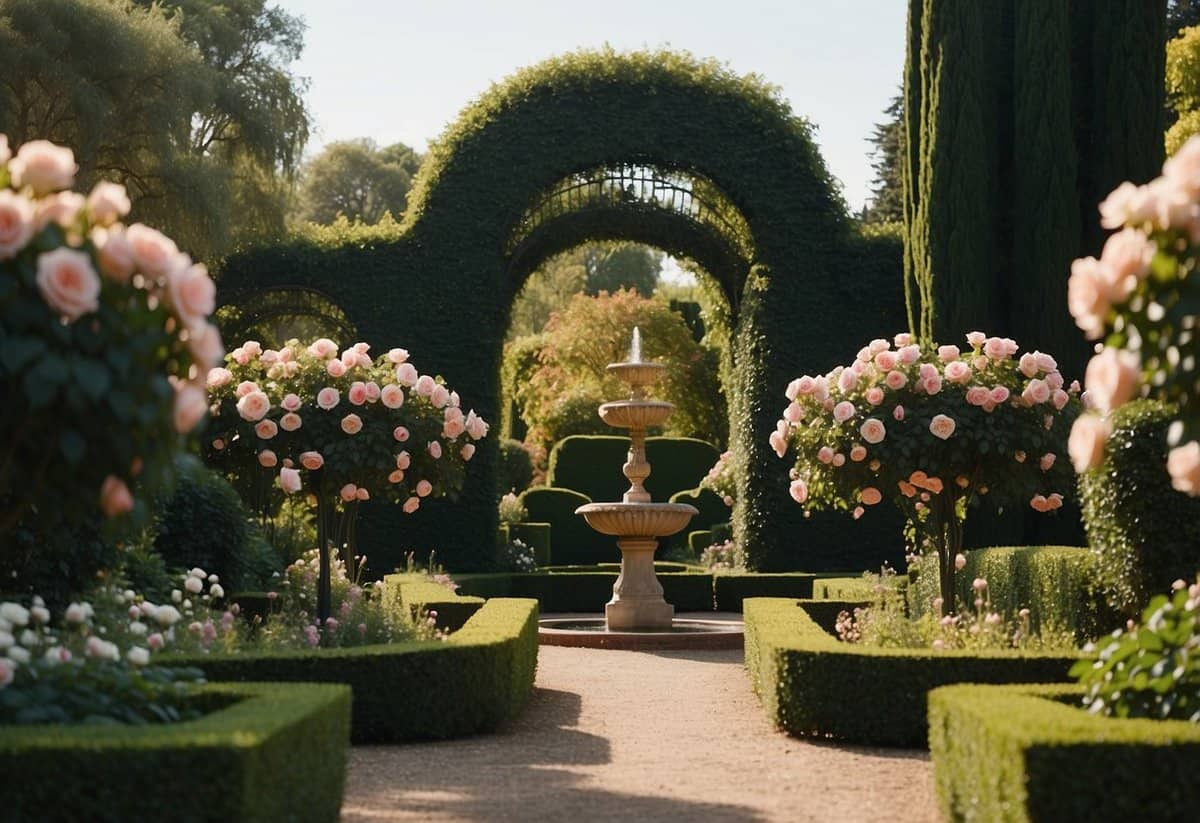 A lush Victorian rose garden with winding pathways, ornate wrought-iron benches, and a grand fountain as the centerpiece. Surrounding the garden are towering hedges and elegant trellises adorned with climbing roses