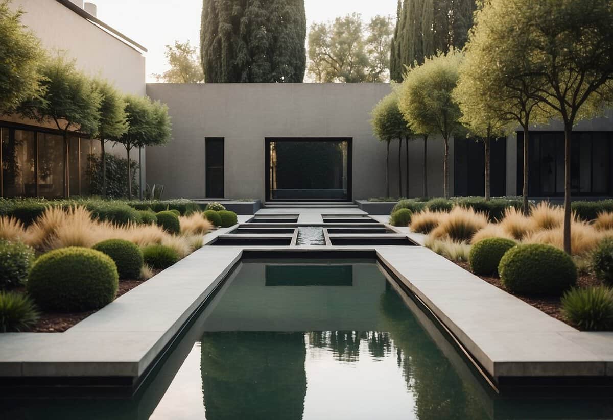 A sleek, geometric garden with clean lines, sparse plantings, and neutral tones. A central water feature reflects the surrounding architecture