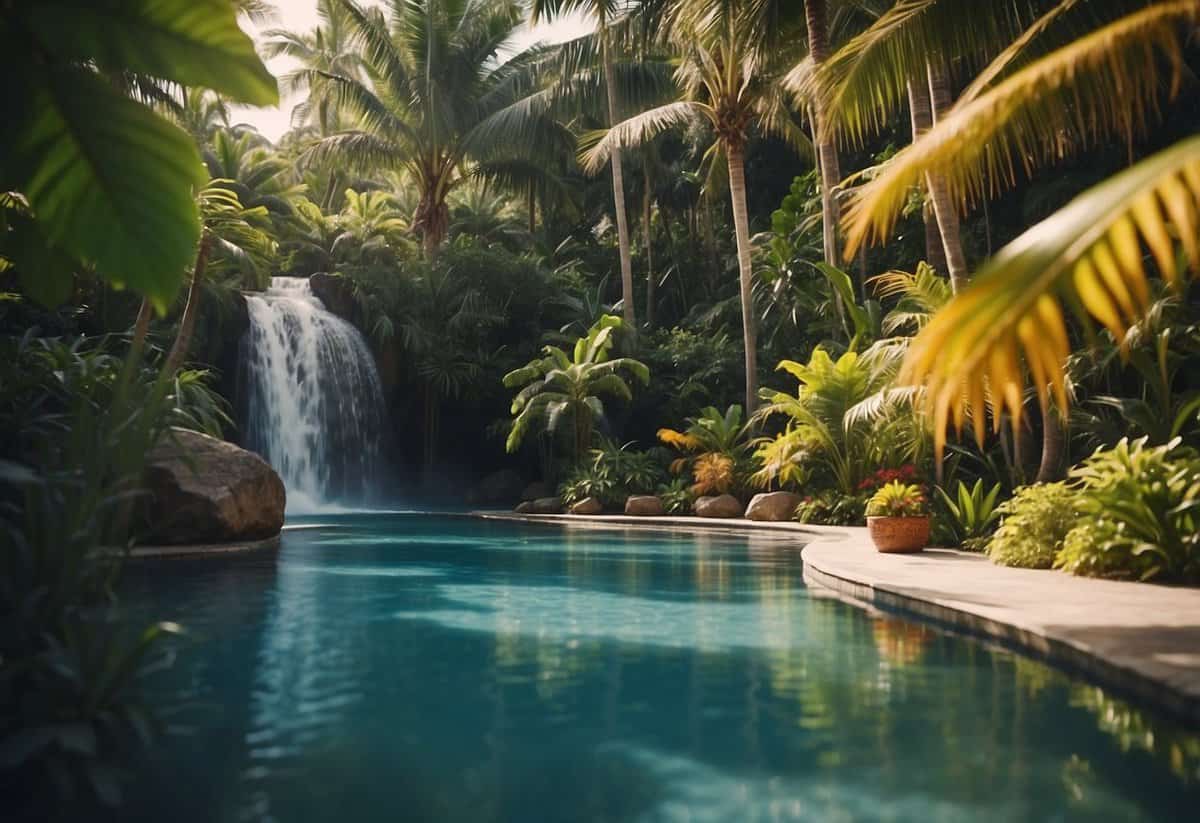 Lush palm trees sway in the gentle breeze, surrounding a crystal-clear pool. Vibrant flowers and exotic plants create a colorful oasis. A serene waterfall adds a soothing touch to the tropical paradise retreat