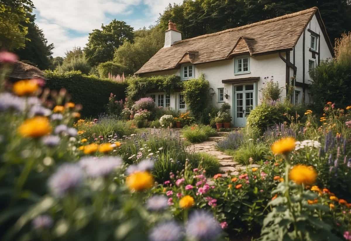 A quaint cottage nestled among vibrant flowers, winding paths, and a charming vegetable patch, creating a serene and inviting garden atmosphere