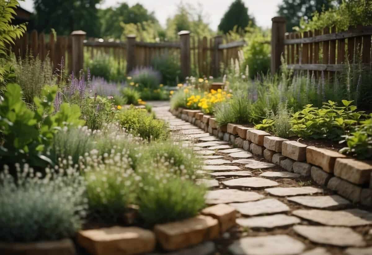 A quaint medieval herb garden with stone pathways, raised beds, and a variety of aromatic plants, surrounded by a rustic wooden fence