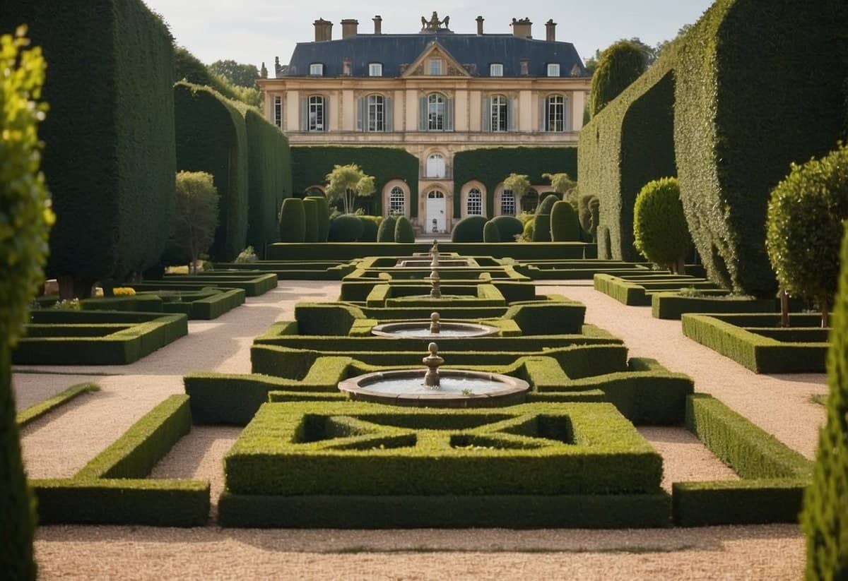 A French Parterre Garden with symmetrical flower beds, gravel pathways, and ornate topiaries. A central fountain surrounded by manicured hedges completes the elegant landscape