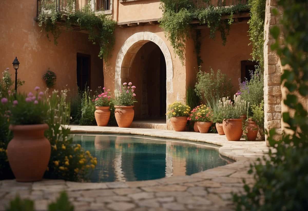 A Mediterranean courtyard with stone pathways, vibrant flowers, and lush greenery, surrounded by rustic terracotta walls and a bubbling fountain