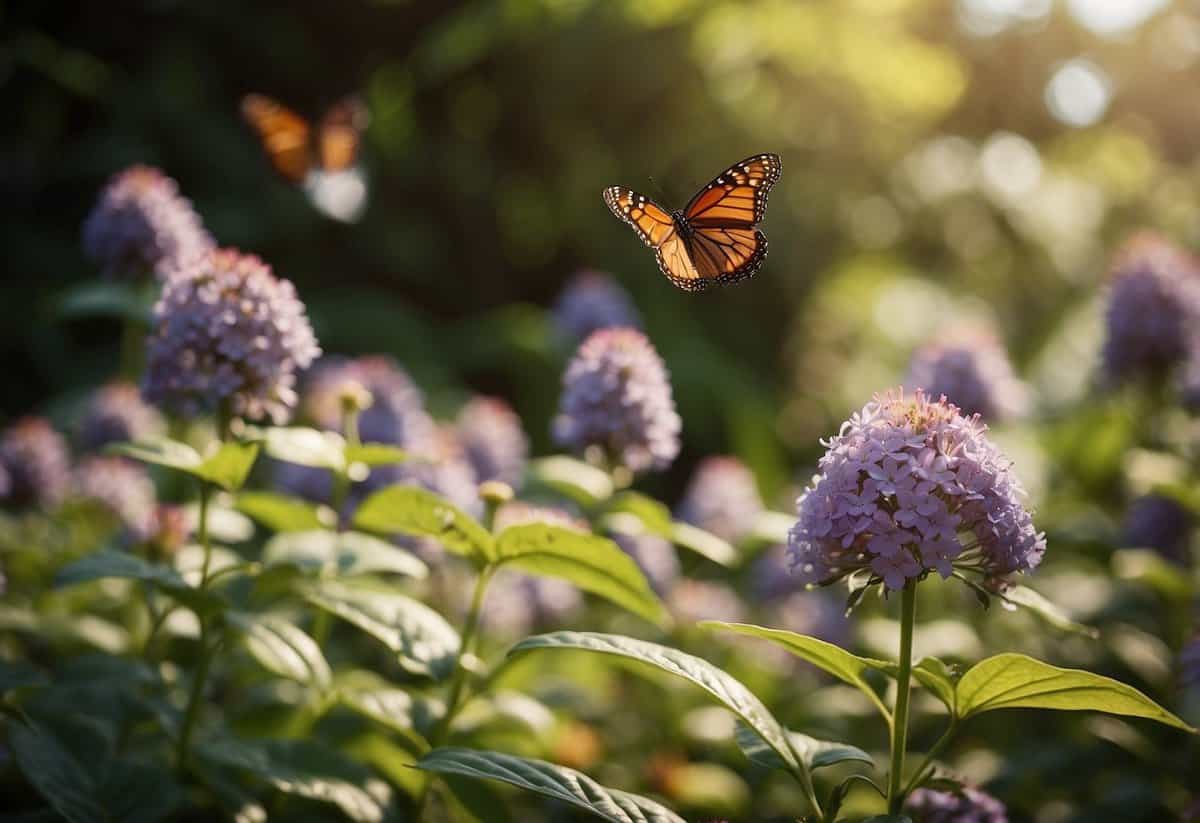 A lush garden filled with colorful flowers and plants, with butterflies fluttering around and sipping nectar from the blooms