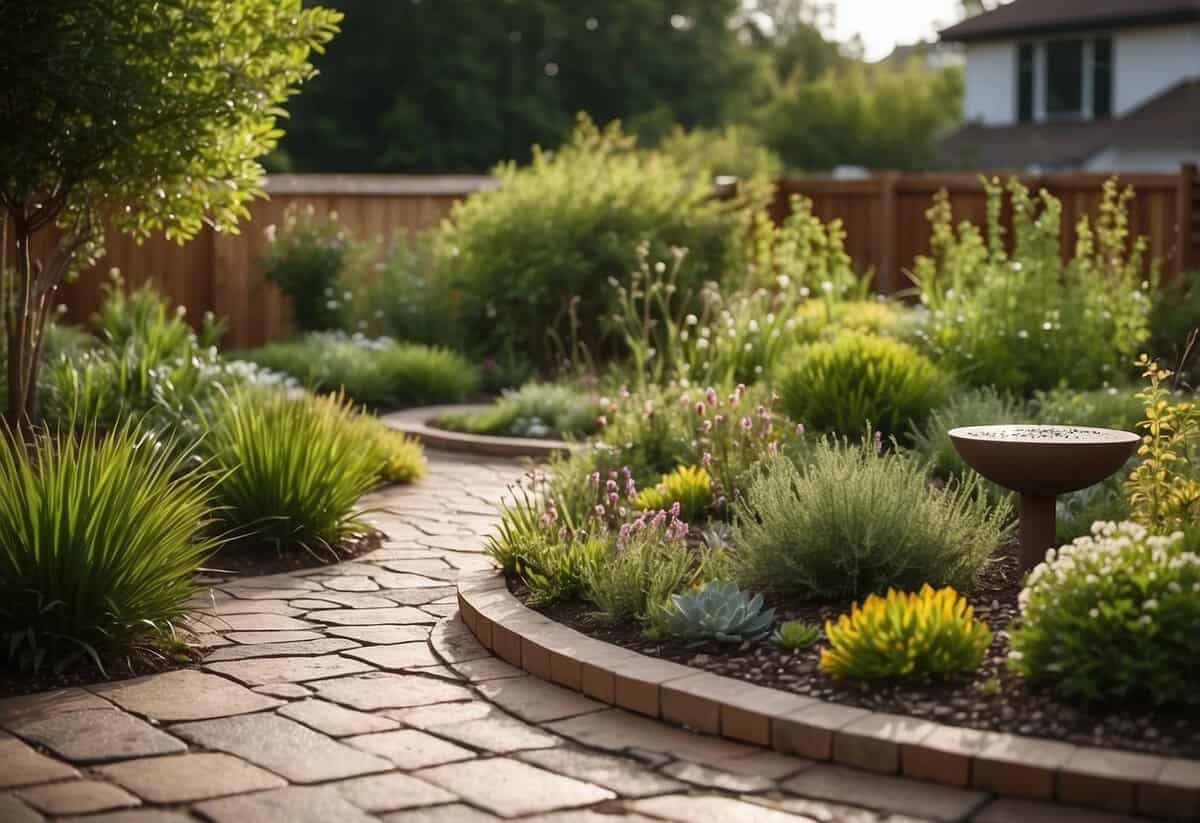 A lush garden with native plants and a variety of rainwater collection systems, including permeable paving and a beautiful rain garden, creating a sustainable and eco-friendly outdoor space