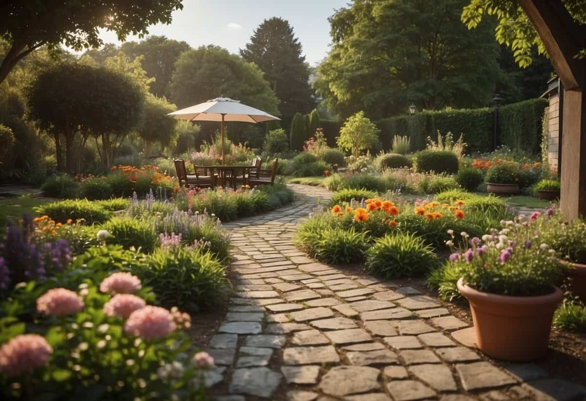 A spacious estate garden with defined areas for dining, lounging, and gardening. Pathways lead to a central focal point, surrounded by lush greenery and colorful flowers