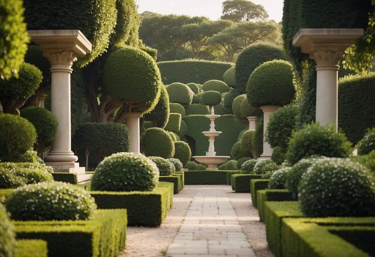 Lush garden with winding paths, blooming flowers, and elegant fountains. Tall hedges create secluded alcoves, while ornate statues and trellises add visual interest