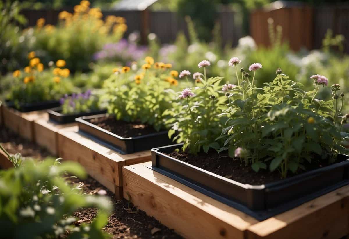 Lush garden with compost bins, rain barrels, and native plants. Bees pollinating flowers, and vegetables growing in raised beds