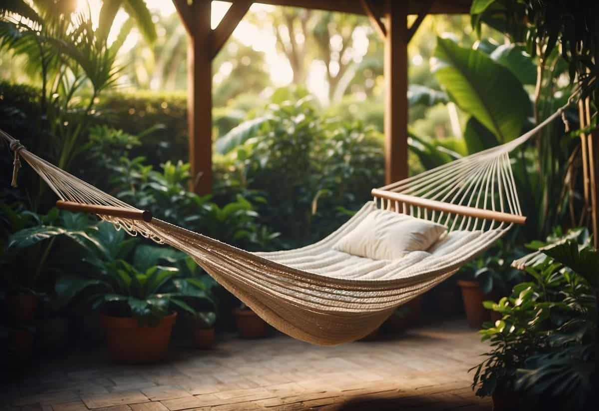 A hammock hangs between two trees in a lush garden nook, surrounded by potted plants and soft lighting, creating a cozy and inviting atmosphere