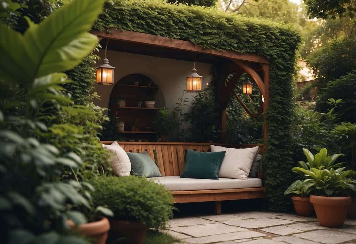 A cozy garden nook with a hidden reading corner, complete with lush greenery, a comfortable seating area, and soft lighting for a peaceful and secluded atmosphere