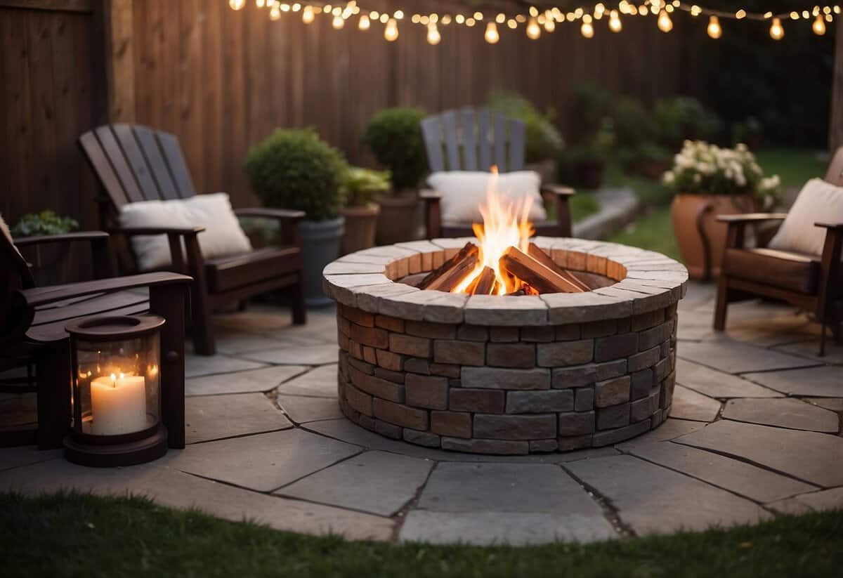 A crackling fire pit sits amid cozy garden seating, surrounded by twinkling string lights and rustic decor