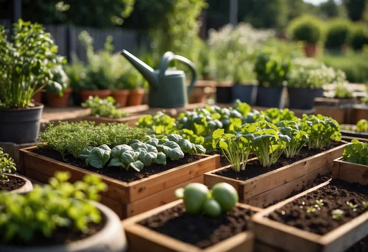 A small, orderly vegetable garden with raised beds and a variety of crops. Surrounding the patch are neatly arranged garden tools and a watering can