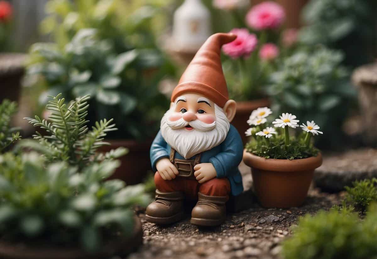 A whimsical garden gnome sits among cozy garden nooks and charming decor