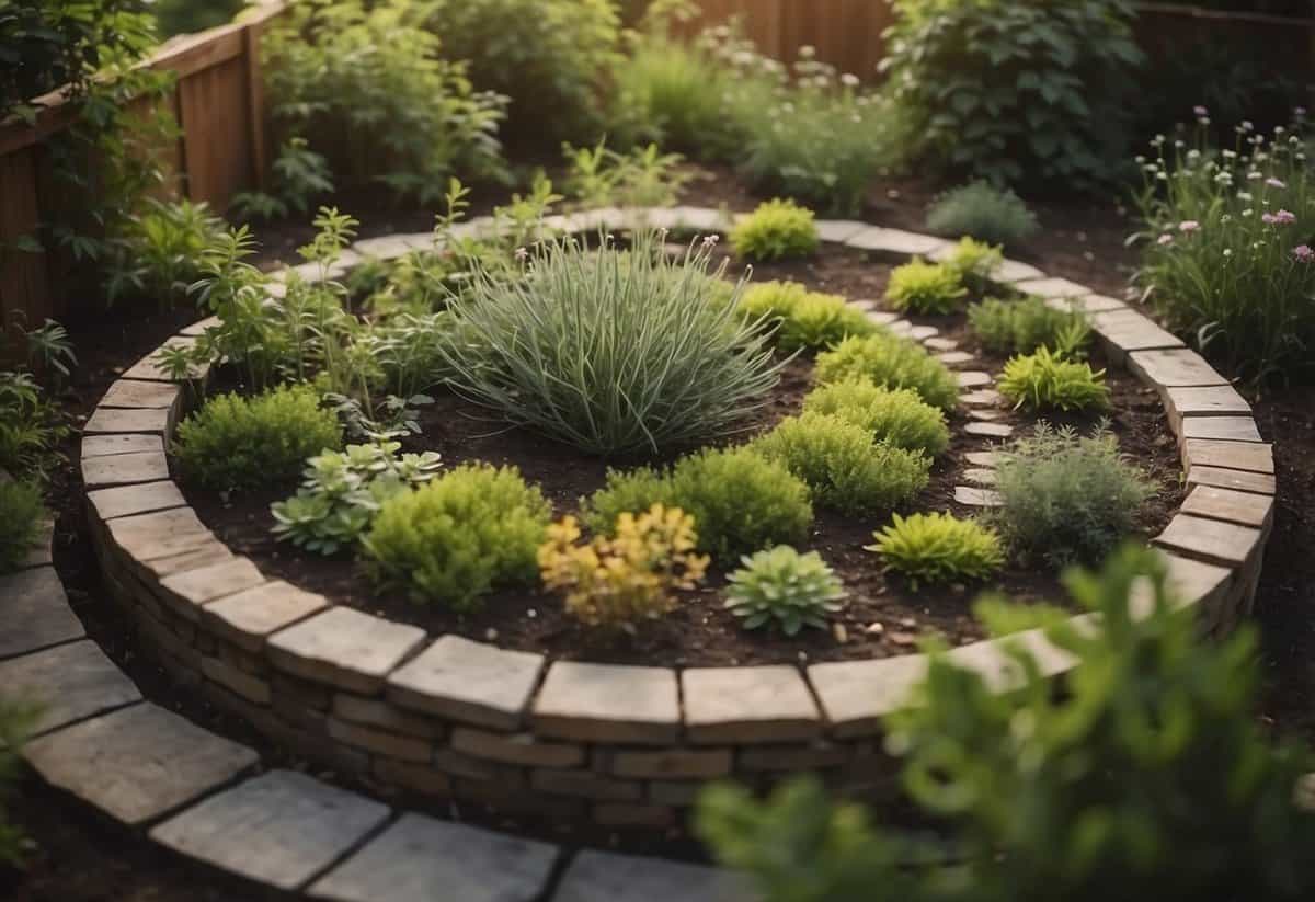 A circular herb spiral garden with various plantings, stones, and winding paths, nestled in a cozy corner of a backyard