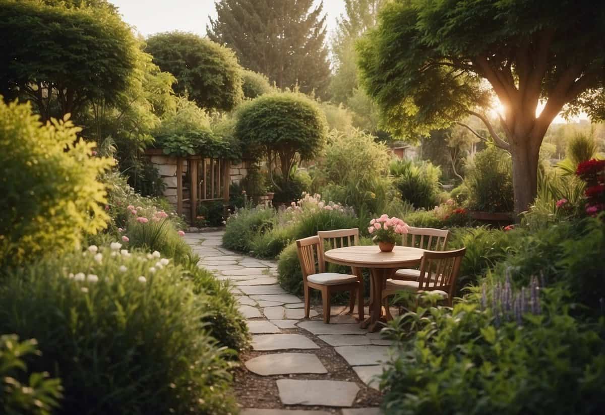 A cozy garden with winding paths, lush greenery, and intimate seating areas. Soft lighting and natural materials create a warm and inviting atmosphere