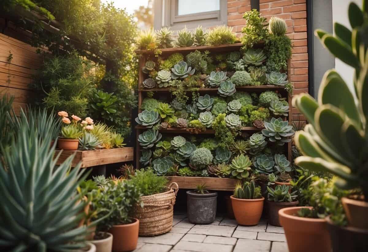 A vertical succulent garden adorns a sunny patio, with lush green grass and vibrant garden ideas