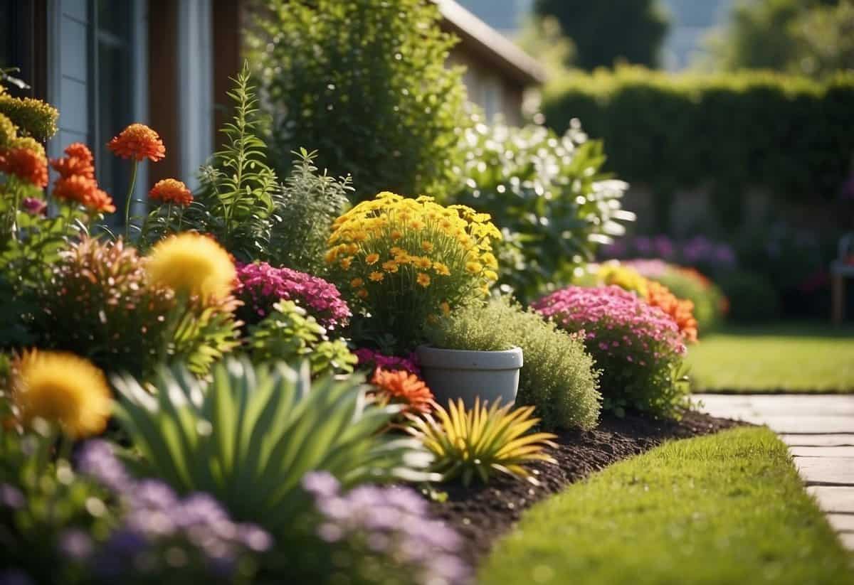 A colorful perennial flower bed borders a lush green grassy area, leading to a cozy patio with potted plants and garden decor