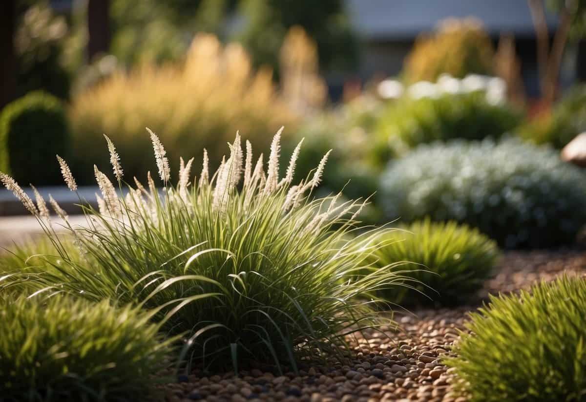 Lush native grasses border a vibrant patio garden, creating a natural and inviting outdoor space