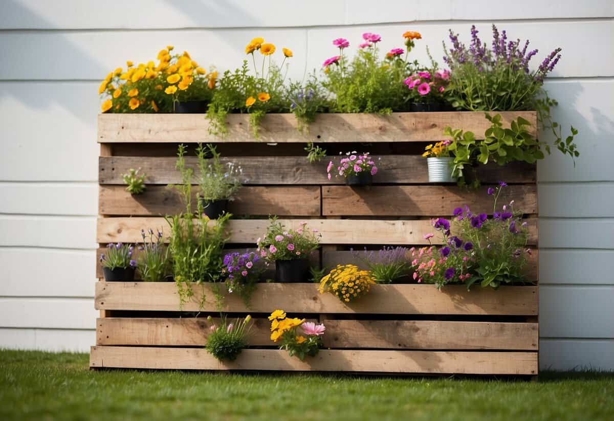 A wooden pallet planter hangs on a white wall, filled with vibrant green grass and colorful flowers. A cozy patio with a small garden is visible in the background