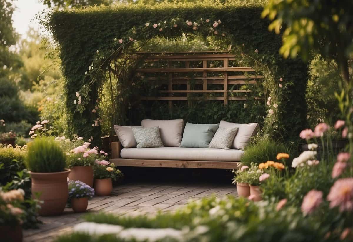 A cozy outdoor reading nook nestled in a lush garden with a grassy area and a charming patio, surrounded by blooming flowers and greenery