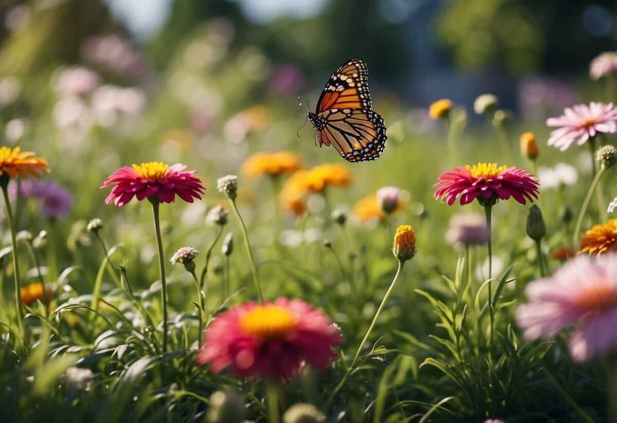 Lush green grass surrounds a vibrant patio garden with colorful flowers and fluttering butterflies