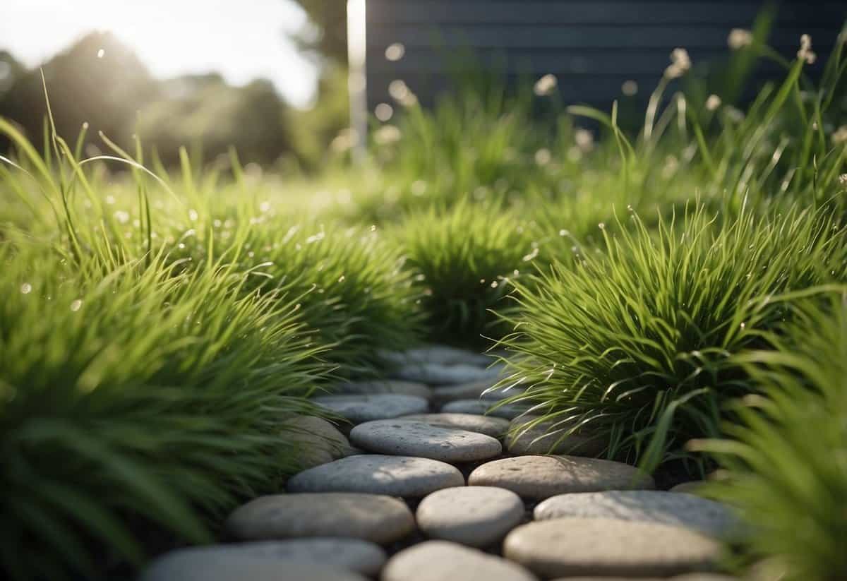 A lush green grass area seamlessly transitions into a stylish patio, creating a harmonious and functional outdoor space