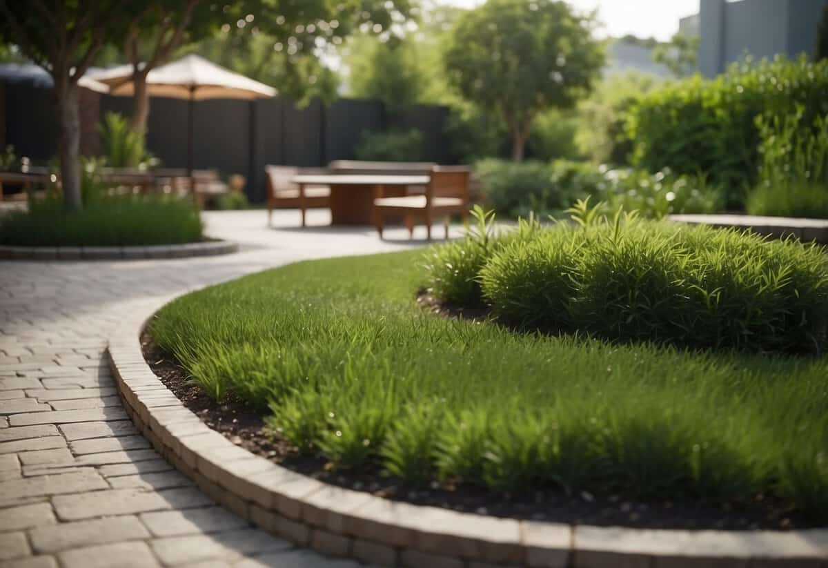 A lush green grass seamlessly transitions into a paved patio area, with carefully placed planters and seating, creating a harmonious blend of natural and man-made elements