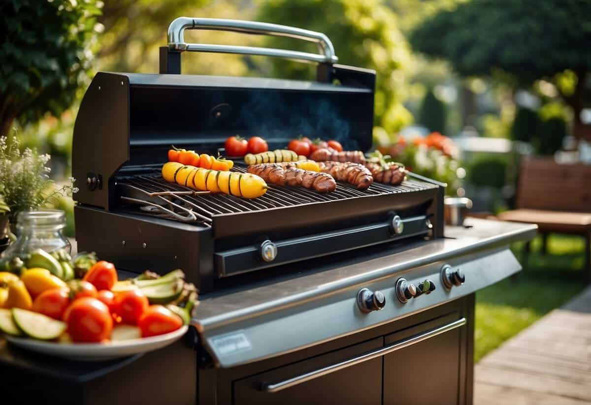 A colorful outdoor BBQ station with sizzling grills, fresh ingredients, and a variety of condiments, surrounded by lush greenery and vibrant garden decor