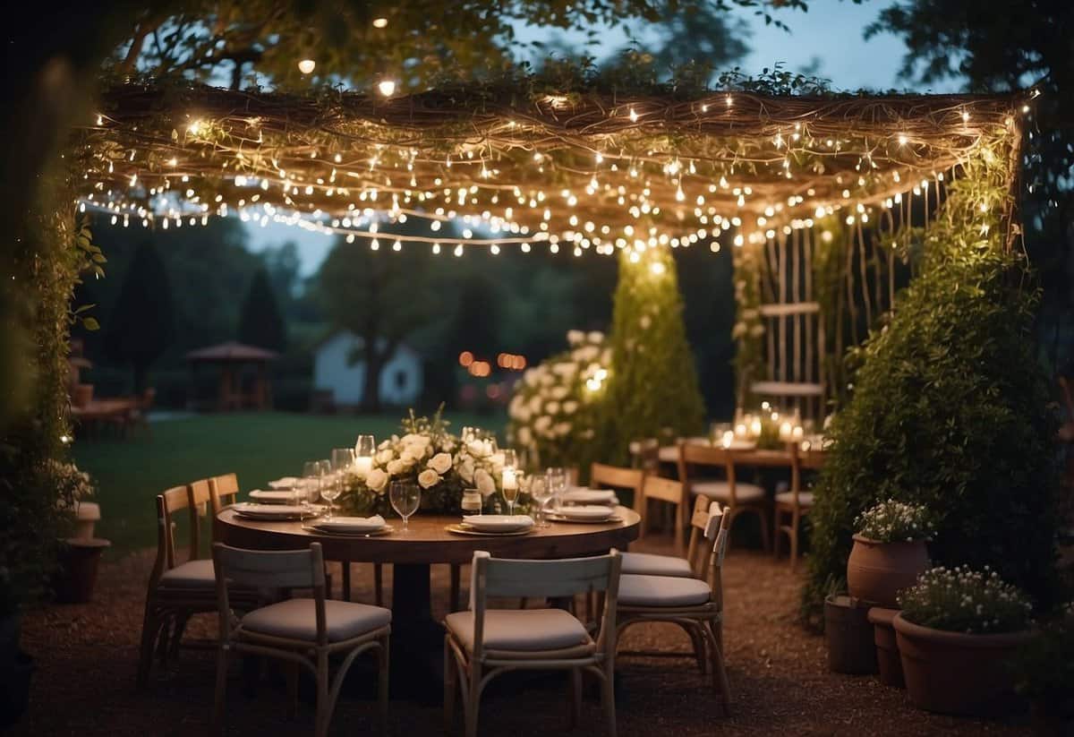 A garden adorned with a canopy of string lights, creating a magical and enchanting atmosphere for a party