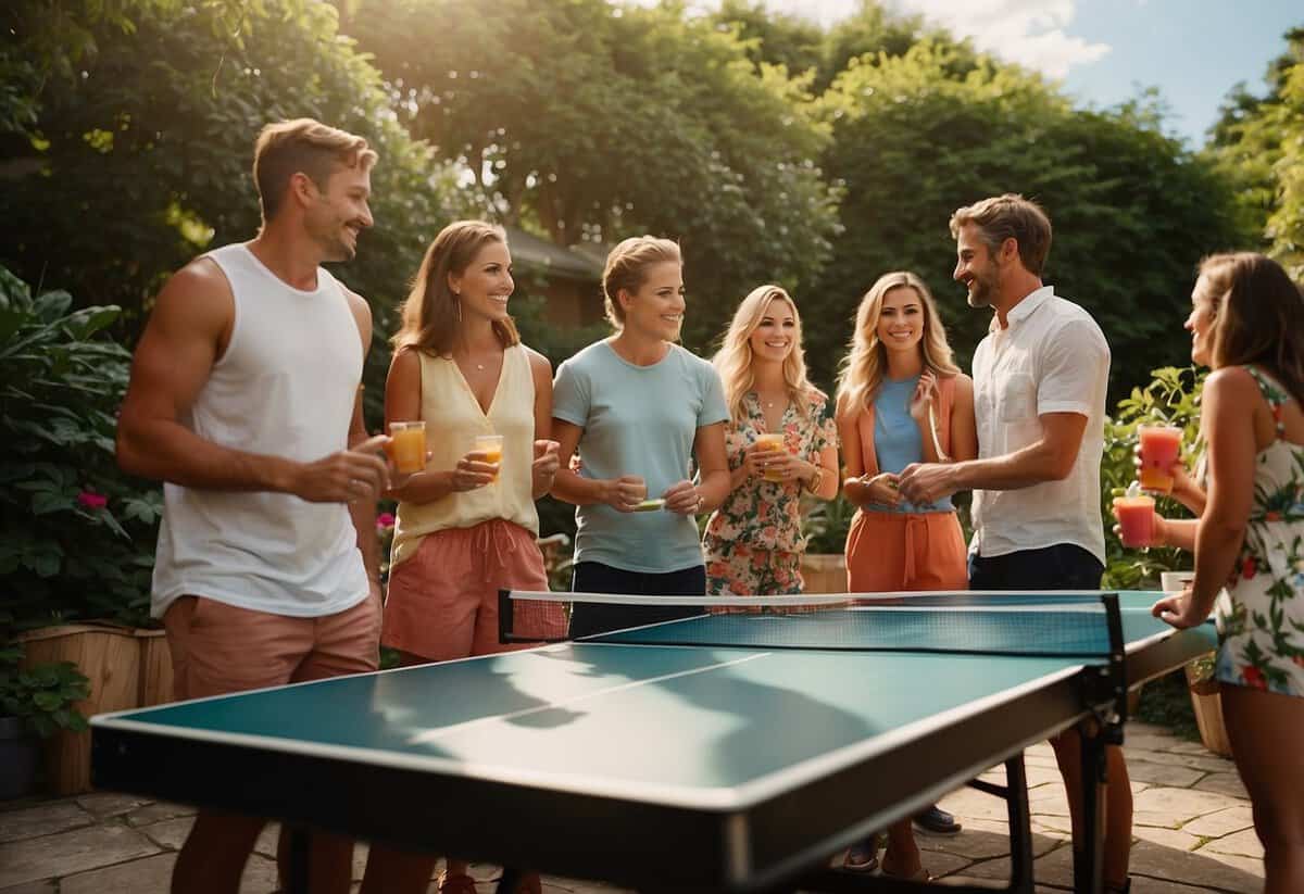 A group of friends gather around an outdoor ping pong table in a lush garden. The sun is shining, and colorful drinks and snacks are spread out on a nearby table. Laughter and friendly competition fill the air