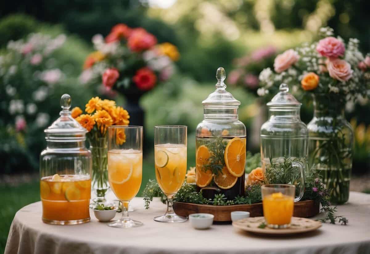 A charming garden setting with vintage drink dispensers, surrounded by lush greenery and colorful flowers. Tables adorned with delicate linens and vintage glassware complete the scene