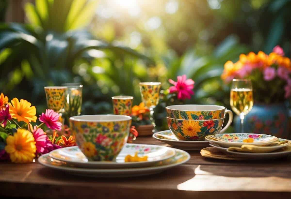 A lush garden setting with vibrant tropical tableware, surrounded by colorful flowers and foliage, with a warm sun shining overhead