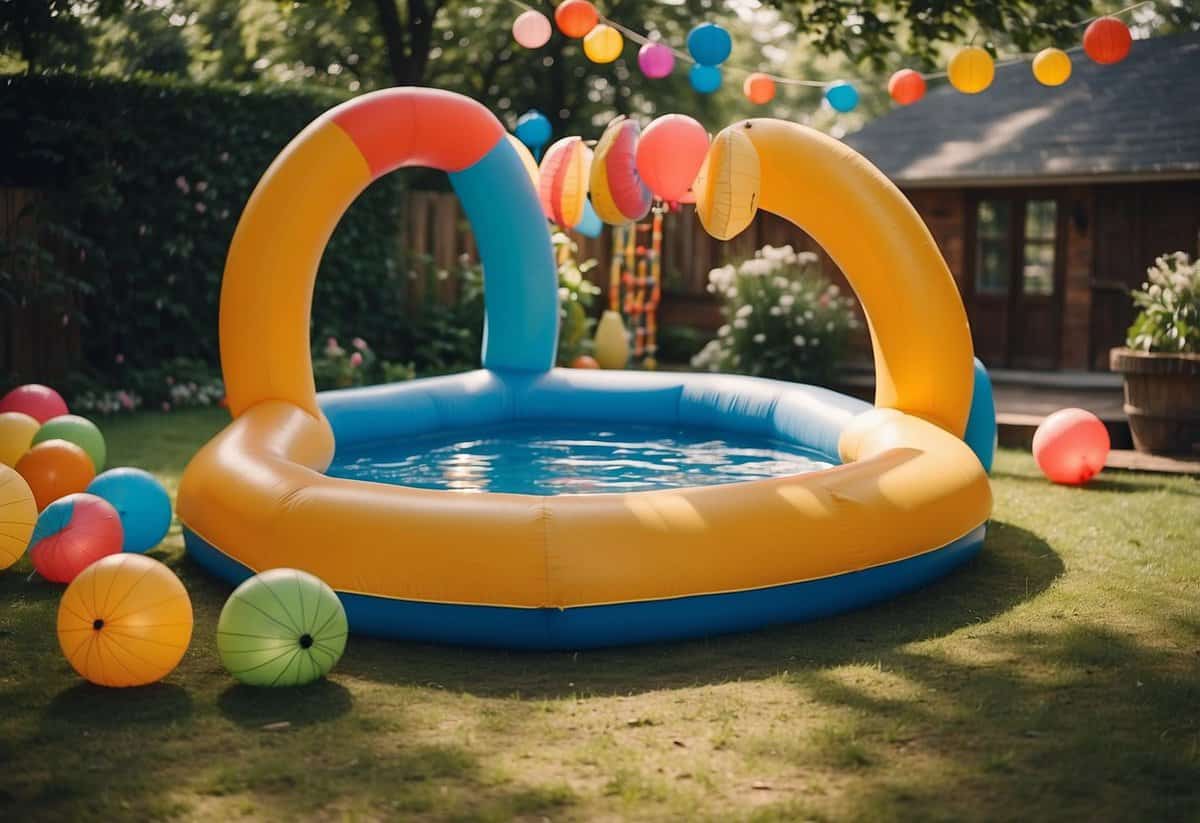 An inflatable pool is surrounded by colorful floats. The garden is decorated with string lights and lanterns, creating a festive atmosphere for a summer party