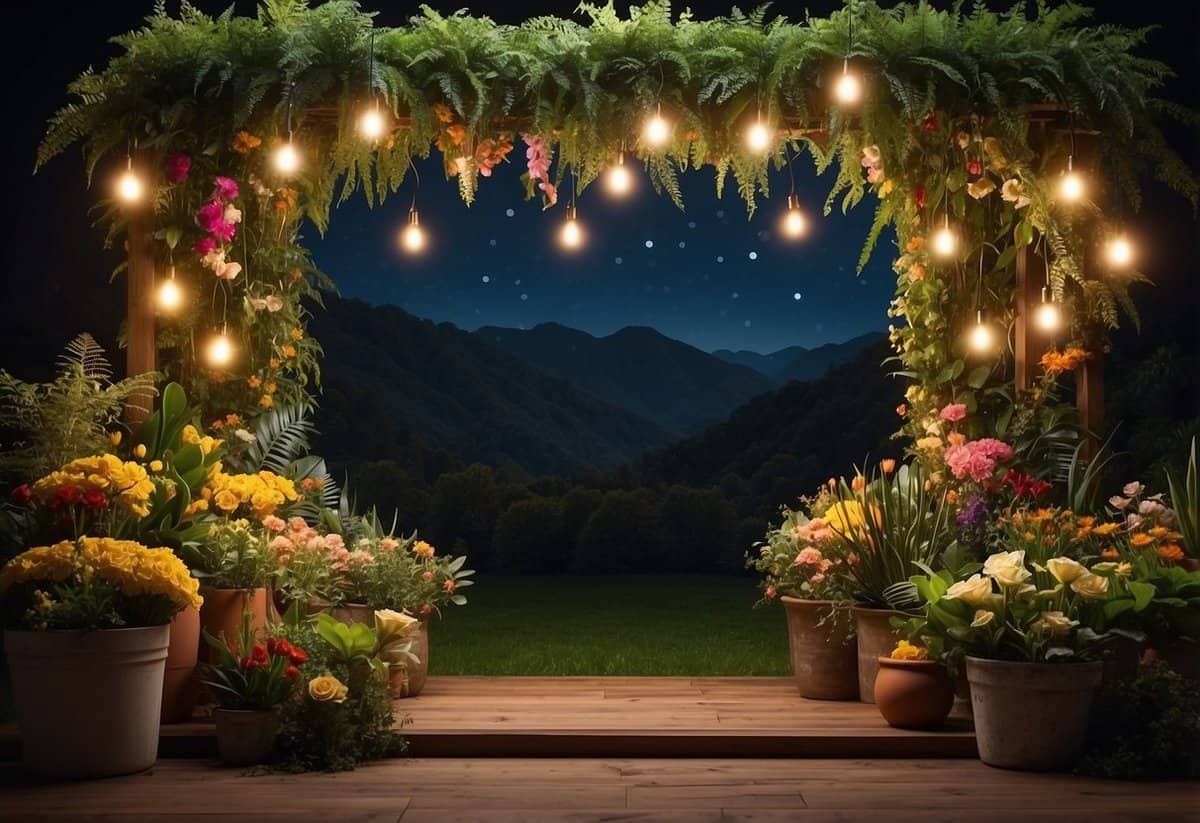 A colorful garden-themed photo booth with a variety of flowers, foliage, and garden props set against a backdrop of lush greenery and twinkling string lights