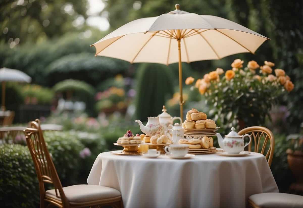 A garden adorned with colorful flowers, vintage tea sets, and elegant umbrellas. Tables set with delicate pastries and sparkling champagne. A lively atmosphere filled with laughter and music