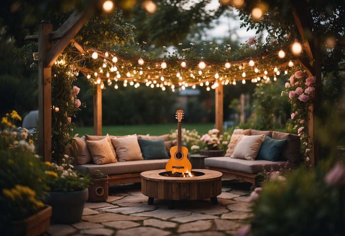 A garden filled with blooming flowers and cozy seating, with a musician playing acoustic guitar under a canopy of string lights