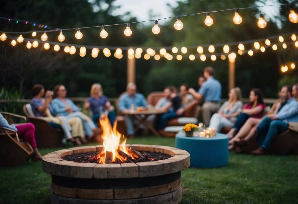 A garden party with string lights, colorful bunting, and a cozy seating area around a fire pit. Tables are adorned with floral centerpieces and guests enjoy live music and lawn games