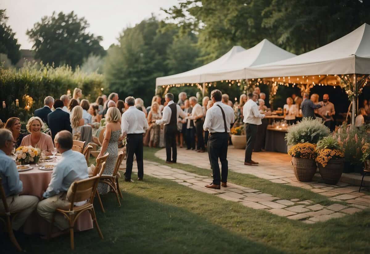 A lively garden party with a live band playing for a 50th birthday celebration. Decorations, guests, and a festive atmosphere