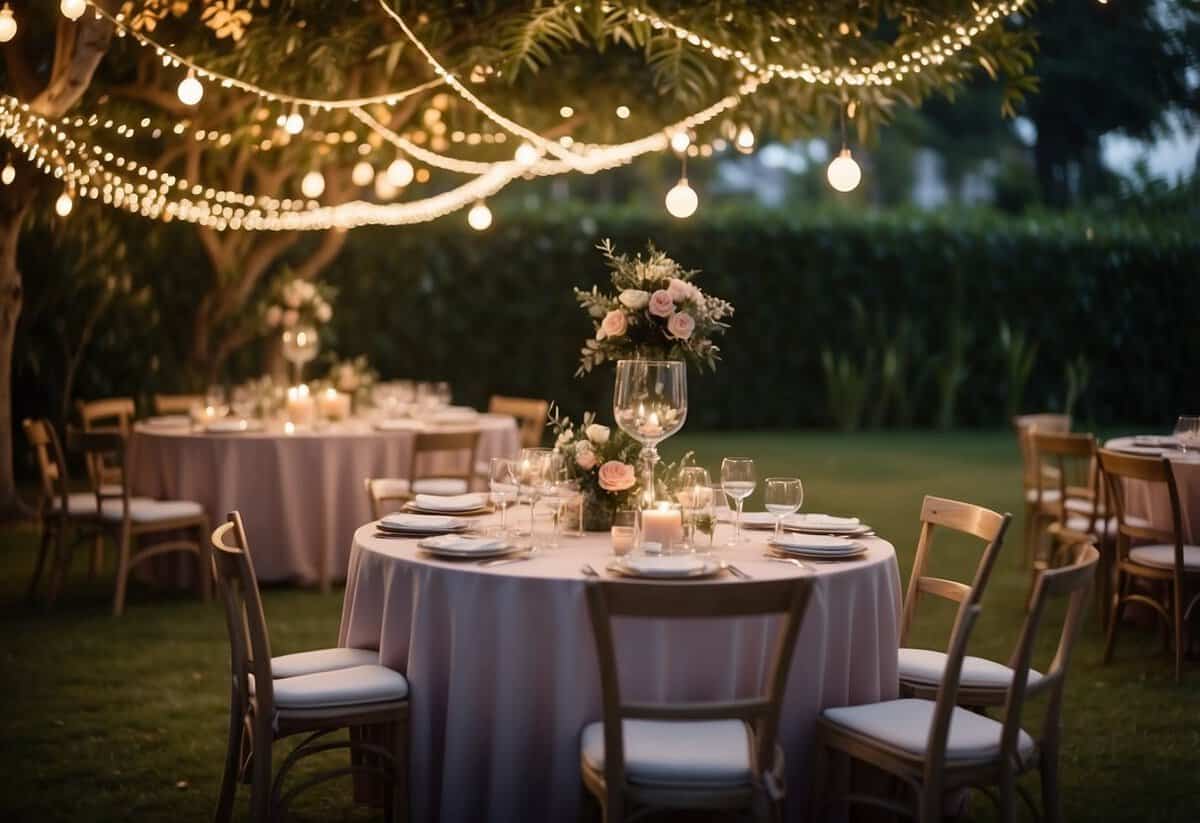 A lush garden at dusk, adorned with twinkling fairy lights for a 50th birthday celebration. Tables set with elegant decorations and a cake, creating a warm and enchanting atmosphere