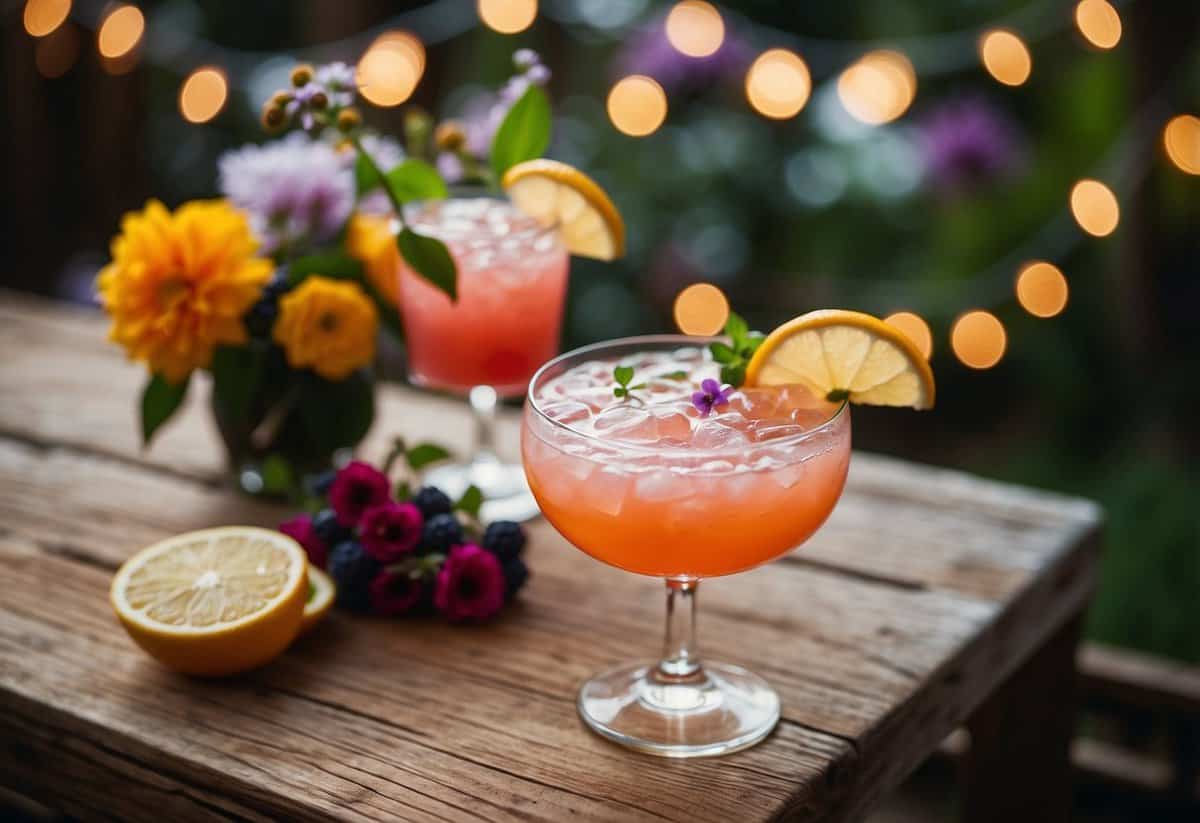 A colorful cocktail menu displayed on a rustic wooden table amidst blooming flowers and twinkling string lights in a lush garden setting