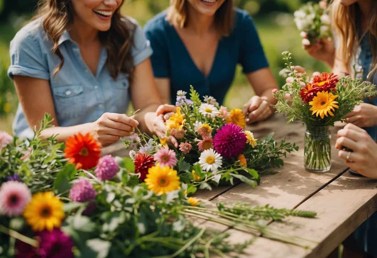 Colorful flowers and greenery arranged on a table, with scissors and wire visible. A group of women laughing and crafting flower crowns in a sunny garden