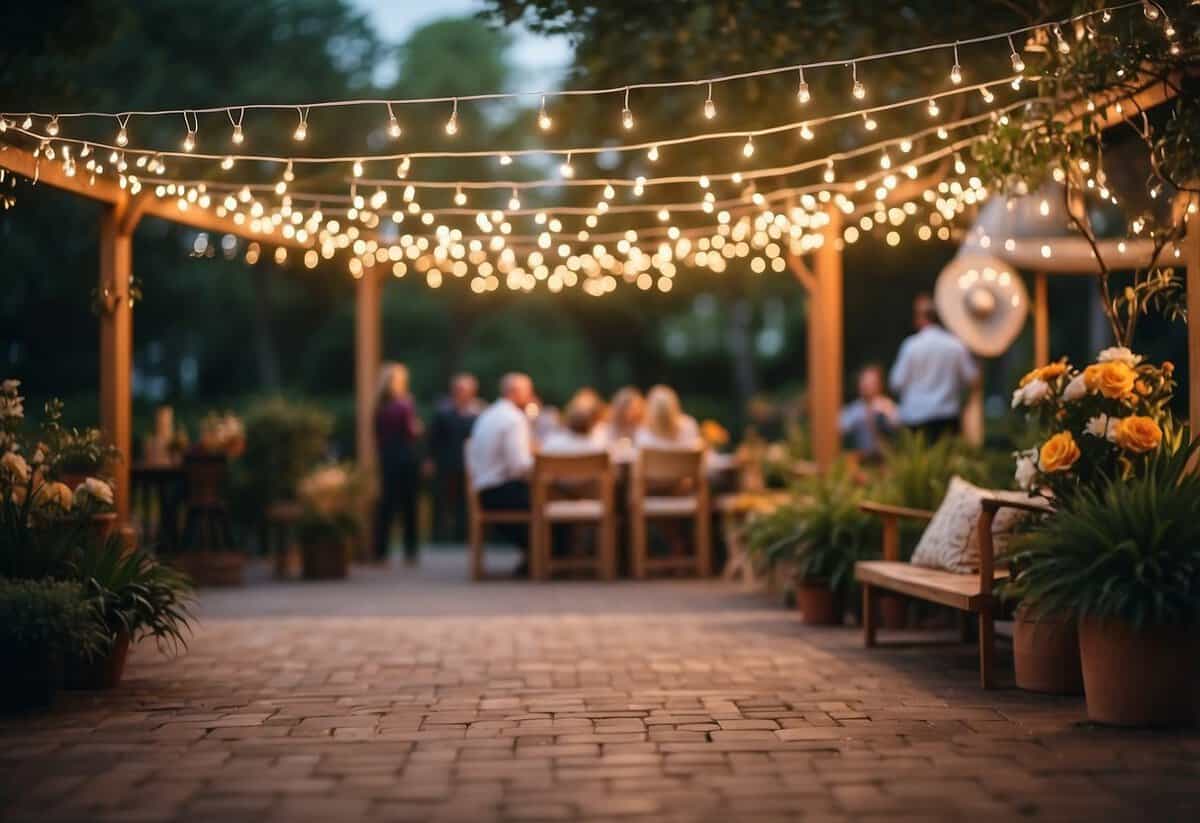 A festive outdoor dance floor is set up in a lush garden, surrounded by twinkling lights and colorful decorations for a 50th birthday celebration