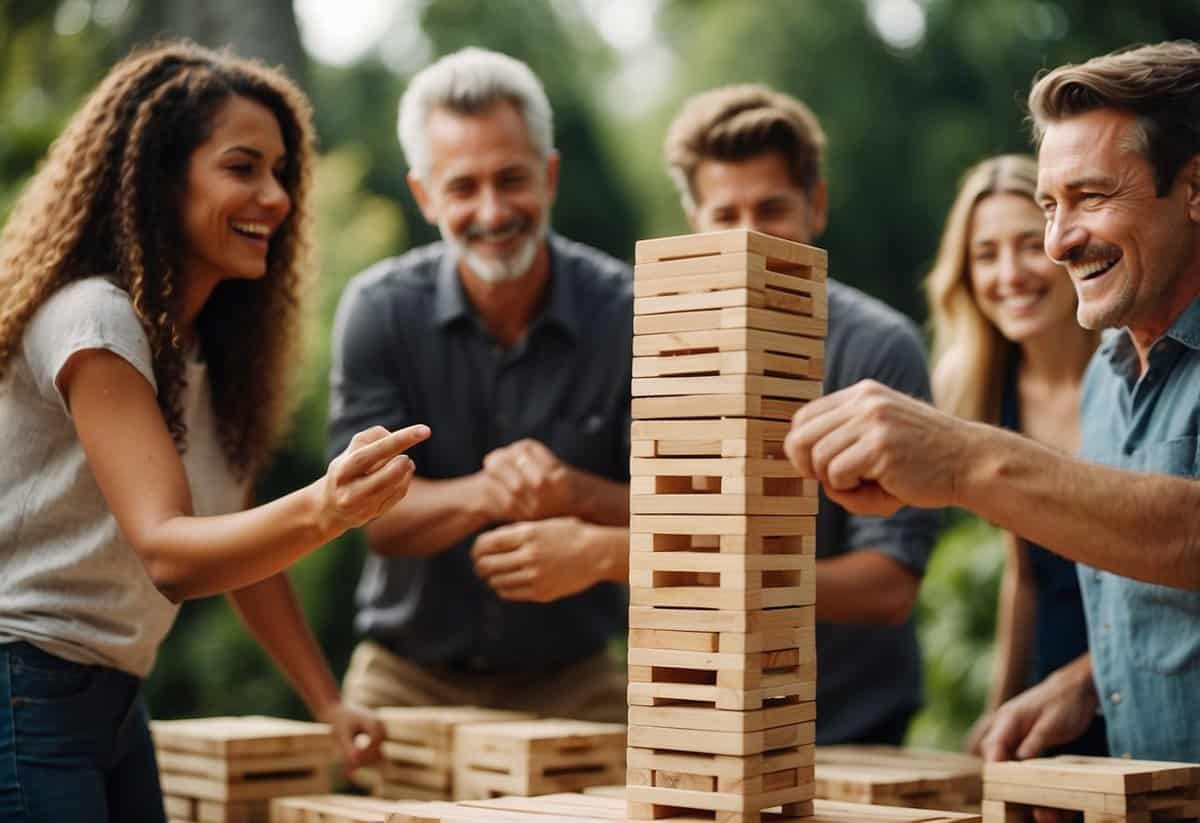 A group of friends gather in a lush garden, playing a giant Jenga game as they celebrate a 50th birthday. Laughter fills the air as the towering wooden blocks teeter and sway with each careful move