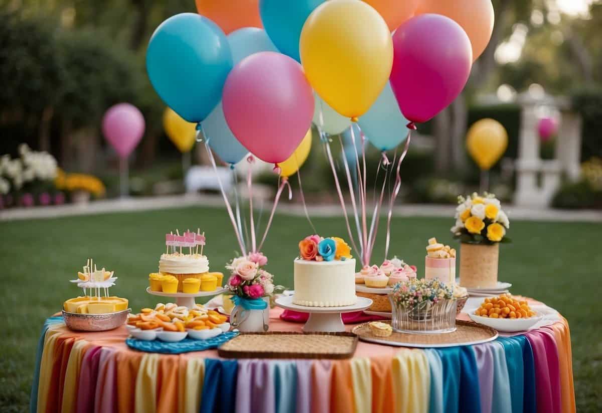 Colorful banners and balloons adorn a garden, with personalized party favors displayed on tables. A cake with "50" topper sits on a decorated stand. Tables are set with floral centerpieces and elegant place settings